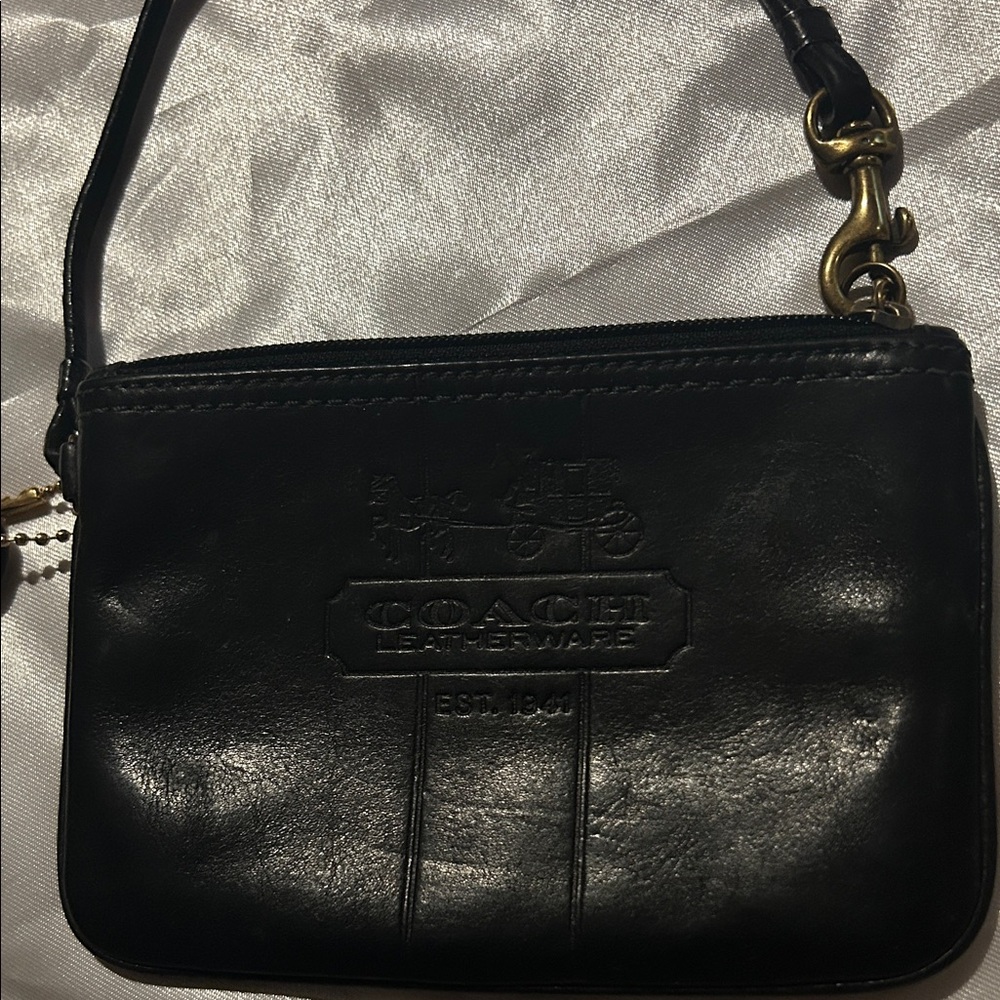 Coach Leatherware Vintage  Black Leather Wristlet Tattersall Interior EUC